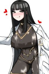 :p artist_request black_hair bodysuit breasts cesara_(limbus_company) cum cum_on_body green_eyes heart highres hime_cut hyun_ha-ryeong lab_coat large_breasts limbus_company narrow_waist project_moon skin_tight thick_thighs thighs tongue tongue_out turtleneck turtleneck_bodysuit wide_hips