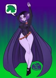 1girls arms_above_head arms_up ass_visible_through_thighs black_hair bodysuit breasts cape cloak dc dc_comics female female_only gem_on_forehead horse hourglass_figure legs legs_together leotard long_legs nyan_o_lantern(artist) pinup pointy_ears purple_body purple_hair purple_skin raven_(dc) red_eyes see-through_clothing see-through_shirt see-through_top sheer_clothing sheer_leotard slim_waist solo teen_titans toned_stomach