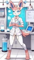 1girls 2024 ai_generated anthro blue_eyes blushing crotchless_pants digitigrade eeveelution female female_only generation_6_pokemon hi_res indoors innie_pussy labcoat looking_at_viewer nintendo no_panties pink_fur pokemon pokemon_(species) pussy scientist smile sylveon white_fur