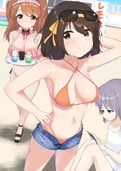 3girls absurdres arm_up asahina_mikuru bikini bikini_under_shorts blue_shorts breasts brown_eyes brown_hair cup denim denim_shorts eyewear_on_head grey_hair hairband highres holding holding_tray maid_headdress medium_breasts medium_hair mintchoco_(minchothudong) multiple_girls nagato_yuki navel open_fly orange_bikini orange_hairband short_shorts shorts stomach sunglasses suzumiya_haruhi suzumiya_haruhi_no_yuuutsu swimsuit tray twintails