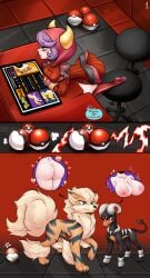 1girls 2boys arcanine ass ass black_fur booty breasts breasts breasts comic comic_page comic_panel comic_strip courtney_(pokemon) devil_tail fluffy fluffy_chest fluffy_tail horns houndoom light-skinned_female light_skin office orange_fur part_of_a_set part_of_comic pokémon_(species) pokeball pokehub pokemon pokemon_(species) pokephilia purple_eyes purple_hair red_dress sweater_dress tan_fur