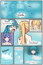 3girls blue_hair marima666_(artist) pointy_chin tagme water