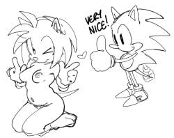 almost_naked amy_rose approval black_and_white gloves headband heart heart_symbol monochrome silly sitting_on_legs sketch smile socks sonic_(series) sonic_the_hedgehog sonic_the_hedgehog_(series) tagme thumbs_up watatanza