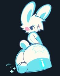 anthro armwear ass balls blush clothing duo elbow_gloves female femboy footwear fur genitals gloves hair handwear lagomorph legwear leporid looking_back mammal moxiidraws multicolored_body rabbit socks sparkles thigh_highs two_tone_body white_body white_fur white_hair