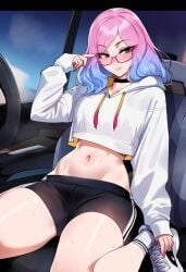 ai_generated brown_eyes car crop_top cropped_hoodie female glasses gradient_hair gym_uniform kneeling navel pink-framed_eyewear pink-framed_glasses pink_hair pov self_upload shoes shorts smirk smug sneakers socks steam sweat t-shirt thighs tummy viriai wavy_hair