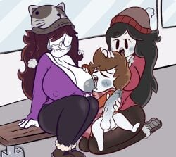 1boy 2girls areolae big_areola big_breasts big_penis breasts hand_on_head handjob hat holding_breast jaiden jaiden_animations jaidens_mom large_areolae large_breasts larger_female leggings milf nursing_handjob penis scarf sitting_on_lap size_difference smaller_male tongue tongue_out youtube youtuber