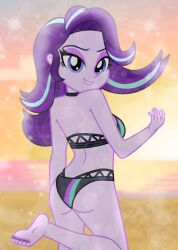 1girls 2025 2d 4_fingers accurate_art_style ass back_view barefoot beach bikini biting_lip biting_own_lip black_bikini butt deviantart deviantart_link emeraldblast63 equestria_girls eyebrows eyelashes female_only friendship_is_magic hasbro long_hair looking_at_viewer looking_back my_little_pony my_little_pony_equestria_girls naughty_face one_leg_up panties purple_body purple_hair purple_nails purple_skin solo starlight_glimmer starlight_glimmer_(eg) sunset two-piece_swimsuit two_piece_swimsuit two_tone_hair