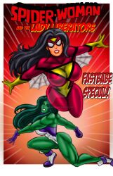 2d 2d_(artwork) 2girls avengers big_breasts black_hair female female_only gloves green-skinned_female green_body green_hair green_skin hulk_(series) johnnyharadrim leotard long_hair marvel marvel_comics masked_female muscles muscular muscular_female red_suit she-hulk spider-woman spider-woman_(jessica_drew) superhero_costume superheroine throwing throwing_character