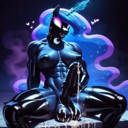 ai_generated anthro balls cock cum_on_body cum_on_floor cumming elbow_gloves foreskin futanari horns latex lots_of_cum mask masturbation muscular muscular_futanari my_little_pony nightmare_moon_(mlp) penis pony princess_luna_(mlp) sweat thighhighs