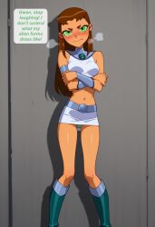 ai_generated alien/human alien_girl alien_humanoid annoyed annoyed_expression ben_10 ben_tennyson benfire blush bookoflustfan brown_hair embarrassed embarrassed_female gender_transformation genderswap_(mtf) green_eyes green_panties green_sclera orange_body orange_skin rule_63 starfire tagme transformation white_clothing