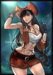 1girls alternate_costume arialla_draws belt big_breasts black_hair cleavage cowboy_hat cowgirl_hat cowgirl_outfit earrings female final_fantasy final_fantasy_vii gloves hi_res long_hair midriff midriff_baring_shirt navel red_eyes skirt smile solo tifa_lockhart