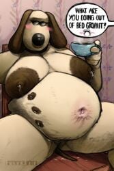 2:3 aardman_animations absurd_res anthro areola band1tnsfw belly belly_nipples big_areola big_belly big_breasts big_nipples black_collar black_nose blue_cup blush blush_lines bodily_fluids breasts brown_body brown_ears brown_fur brown_markings brown_tail canid canine canis chair collar container cup dark_areola dark_nipples dialogue digital_drawing_(artwork) digital_media_(artwork) embarrassed english_text eyelashes female female_anthro female_focus fur furniture genderswap_(mtf) gromit_(wallace_and_gromit) hi_res holding_container holding_cup holding_object huge_breasts huge_nipples lactating long_eyelashes long_nipples looking_away mammal markings milk montgomery_glands multi_nipple nipples nude nude_anthro offscreen_character offscreen_male overweight overweight_anthro overweight_female portrait pregnant pregnant_anthro pregnant_female solo speech_bubble steam steaming steaming_cup stretch_marks tail tan_body tan_fur tan_skin tea_cup text wallace_and_gromit wallpaper_(decoration) wood wood_chair wood_furniture