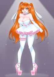 angry angry_expression collar female garter_straps hair_ribbon high_heels hope_(jesscatg) jesscatg knees_together_feet_apart large_breasts orange_hair red_hair ribbons stockings twintails wedding_dress wedding_veil