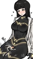 :o absurdres black_hair blush bodysuit breasts cesara_(limbus_company) cum ejaculation green_eyes heart highres lab_coat large_breasts limbus_company project_moon skin_tight thigh_sex turtleneck turtleneck_bodysuit user_fwpg5225 wide_hips