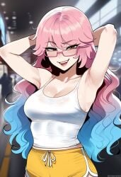 ai_generated armpits brown_eyes dolphin_shorts female glasses gradient_hair pink-framed_eyewear pink-framed_glasses pink_hair see-through self_upload smirk smug tank_top viriai wavy_hair white_tank_top yellow_bottomwear yellow_shorts