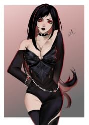 1girls arialla_draws big_breasts breasts choker cleavage clothed female final_fantasy final_fantasy_vii goth gothified hi_res lipstick looking_at_viewer pale_skin red_eyes red_highlights solo spiked_collar thighhighs tifa_lockhart