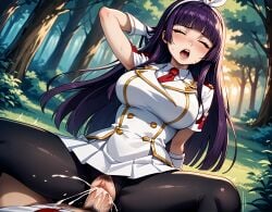 ai_generated blush closed_eyes clothed_sex cum_in_pussy cum_inside drool fairy_tail kagura_mikazuchi moaning orgasm outdoor_sex pantyhose payop pony_diffusion_xl spread_legs uniform vaginal_penetration vaginal_sex