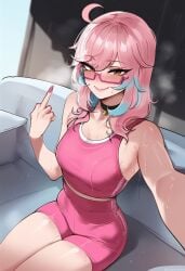 ahoge ai_generated armpits brown_eyes dolphin_shorts female glasses gradient_hair gym_uniform middle_finger pink-framed_eyewear pink-framed_glasses pink_hair pink_shorts self_upload selfie shorts smirk smug steam sweat tank_top thighs viriai wavy_hair white_tank_top