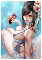 1girls arialla_draws big_breasts black_hair breasts cleavage drink female final_fantasy final_fantasy_vii final_fantasy_vii_remake flower flower_in_hair looking_at_viewer looking_back pool poolside red_eyes sitting smile solo tifa_lockhart tifa_lockhart_(shining_spirit)