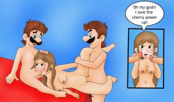 1girls 2boys arm_support balls bed bedroom blowjob blue_background blue_eyes breasts clone clones cum cum_on_face cumshot dialogue double_cherry ejaculation erection facial_hair female genitals hand_on_head hand_on_leg human human_female human_on_humanoid humanoid humanoid_male iedasb indoors interspecies leg_up light-skinned_female light-skinned_male light_skin long_hair luigi lying_on_side male male/female mammal mario_(series) mature mature_female mature_male mmf_threesome nintendo nipples nude nude_female nude_male oc oc_x_canon oral oral_sex penis penis_in_mouth penis_in_pussy red_bed_sheet sex straight straight_sex testicles text text_bubble