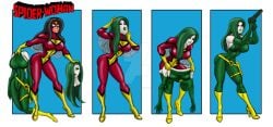 black_hair disguise gloves green_hair jessica_drew johnnyharadrim madame_hydra marvel marvel_comics mask red_suit skinsuit spider-woman superhero_costume superheroine viper_(marvel)