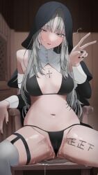 absurdres after_sex bikini black_bikini black_nails body_writing cross cum cum_in_clothes cumdrip_through_clothes female grey_eyes grey_hair habit highres hikaruyusi indie_virtual_youtuber indoors kanaut_nishe long_sleeves navel nun on_chair open_mouth sitting solo swimsuit thighs v wooden_chair