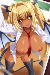 black_sclera blonde_hair dark-skinned_female dark_skin emma_(monster_musume) gyaru large_breasts lindaroze monster_musume_no_iru_nichijou necktie necktie_between_breasts nipples no_bra open_shirt panties red_necktie red_neckwear school_uniform schoolgirl_uniform shirt_unbuttoned stockings succubus succubus_tail succubus_wings tagme womb_tattoo yellow_eyes