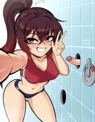 1girls blush brown_eyes commission eroblast female female_focus glory_hole light-skinned_female light_skin lordguyis multicolored_hair selfie shower small_penis sports_bra volleyball_uniform