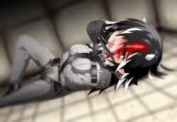 abandonment_play bondage cell confinement dildo_gag drool_string dull_eyes exhausted gasping lying_on_back mask_gag mellowh2so4 menou_74 open_mouth seija_kijin sharp_teeth solo steamy_breath straitjacket touhou