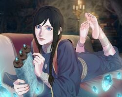 arm_wraps armwear barefoot black_hair blue_dress blue_eyes braided_hair candle crystal elden_ring feet feet_together feet_up female foot_fetish foot_focus fromsoftware leg_wrap legwear looking_at_viewer lying lying_on_stomach necklace scroll soles sorceress_sellen