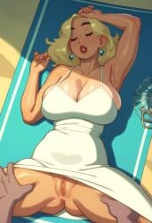 ai_generated amelia_(cutebuttsexy) beach blonde_hair blue_eyes curvy curvy_female curvy_figure cutebuttsexy earrings expressionless helpless imminent_sex large_breasts lips lipstick mature_female medium_hair milf mother oblivious original original_character pussy red_lipstick rizdraws_(ai_style) sleeping spread_legs sundress voluptuous voluptuous_female