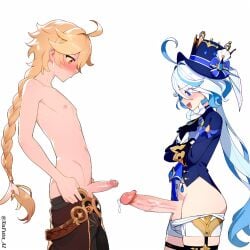 aether_(genshin_impact) ai_generated big_penis blonde_hair clothed_female_nude_male embarrassed furina_(genshin_impact) futanari genshin_impact penis penis_size_difference precum small_penis small_penis_humiliation smiling straight text veiny_penis watermark white_background xufuta_ai