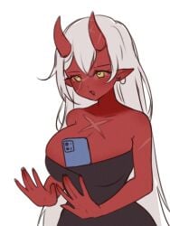 akumi big_breasts female horns oni oni_horns red_skin scars virtual_youtuber vyugen white_hair yellow_eyes