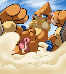 2011 3_fingers 3_toes anthro balls blue_eyes blush buizel cock_pointing_towards_viewer cum cumshot fangs japanese kify looking_at_viewer macro male male_only masturbation nintendo open_mouth orgasm penis pokémon_(species) pokemon solo toes video_games