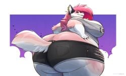 2021 anthro ass big_butt bottomwear butt_cleavage canid canine canis clothing colored ear_piercing female fur gillpanda hair hands_on_hips hi_res hotpants looking_at_viewer looking_back looking_back_at_viewer mammal overweight overweight_anthro overweight_female piercing pink_hair shaded shirt shorts smile solo tank_top thick_thighs topwear valentine_(bjornn) wide_hips wolf