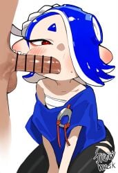 1boy 1boy1girl 1girl ai_generated blowjob blue_hair blush censor_bar censored censored_penis clothed_sex cock colored dark-skinned_male dark_skin deep_cut_(splatoon) ear_piercing english_text eyeshadow fangs fellatio female frairymask hachimaki hair_over_one_eye hands_between_legs human human/anthro insertion interspecies kneeling leggings light-skinned_female light_skin looking_at_viewer male male/female male_out_of_frame mouth_full_of_cock nintendo octoling octoling_girl penis penis_in_mouth red_eyes red_eyeshadow round_ears sex shawl shiver_(splatoon) shiver_hohojiro signature simple_background splatoon splatoon_(series) splatoon_3 straight sweat tentacle_hair text veiny_penis