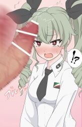 !? 1boy anchovy anzio_school_uniform arararajru36 blush breasts censored erection female girls_und_panzer green_hair large_breasts looking_at_penis open_mouth penis penis_awe penis_on_face red_eyes sweat