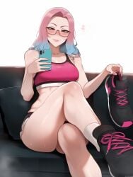 ai_generated brown_eyes female glasses gradient_hair gym_uniform holding_object holding_phone holding_shoes kneehighs offering pink-framed_eyewear pink-framed_glasses pink_hair presenting self_upload selfie shoes shorts smug socks sports_bra steam sweat thighs viriai wavy_hair