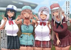 4girls 9x2no18 black_hair blonde_hair breasts brown_eyes clothes female_focus furen_e_lustario highres huge_breasts igarashi_rika japanese_text long_hair looking_at_viewer multiple_girls nijisanji onomachi_haruka open_mouth shiina_yuika smile speech_bubble tan text thought_bubble translated translation_check v virtual_youtuber white_hair