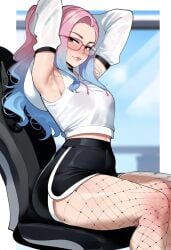 ai_generated arm_warmers armpit_window armpits brown_eyes chair female fishnet_legwear fishnets fixing_hair gaming_chair glasses gradient_hair high-waist_shorts pink-framed_eyewear pink-framed_glasses pink_hair self_upload shorts sitting smile steam sweat tank_top thighs viriai wavy_hair