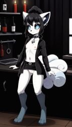 1girls 2024 ai_generated alolan_vulpix anthro black_hair black_sclera blue_fur blue_sclera blush breasts coat collar dark_room digitigrade ear_piercing female female_only floating floating_candle generation_1_pokemon generation_7_pokemon goth goth_girl hi_res indoors inner_ear_fluff innie_pussy looking_at_viewer multiple_tails nintendo pink_nipples pokemon pokemon_(species) pussy skirt skirt_up small_breasts spiked_collar tails two_tone_sclera vulpix white_fur