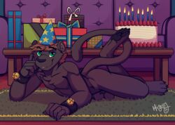 1boy 2014 anthro balls birthday birthday_cake birthday_hat black_fur black_panther cake candle feline food fur hair higsby looking_at_viewer lying male male_only mammal muscles nude panther penis smile solo thertheblackpanther