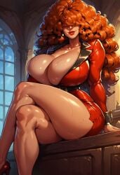 1girls afro_hair ai_generated big_breasts cartoon_network cleavage crossed_legs curvaceous curvy_female desk earrings eyes_covered female female_only hair_covering_eye large_breasts light-skinned_female light_skin lipstick long_hair looking_at_viewer miniskirt powerpuff_girls sara_bellum sexy-villains sitting_on_desk sweat thick thick_thighs voluptuous voluptuous_female wide_hips