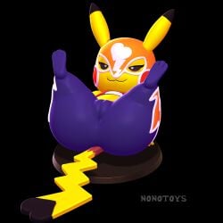 3d_(artwork) 3d_modeling 3d_print anthro ass black_background camel_toe clothed clothing cosplay_pikachu_(costume) digital_media_(artwork) female generation_1_pokemon genital_outline half-closed_eyes heart_tail hi_res legs_in_air legs_up lying mask narrowed_eyes nintendo nonotoys on_back pikachu pikachu_libre pokemon pokemon_(species) presenting presenting_hindquarters pussy_outline red_cheeks simple_background smile solo spread_legs spreading tail thick_thighs watermark yellow_body