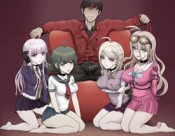 7-cs akamatsu_kaede anonymous_male bare_legs barefoot blonde_hair brown_hair chair collar danganronpa danganronpa:_trigger_happy_havoc danganronpa_ultra_despair_girls danganronpa_v3 eyeless_male gon_(congchuabuoito) harem highres imminent_rape iruma_miu kidnapped kirigiri_kyouko large_breasts lavender_hair leash leash_and_collar looking_at_viewer medium_breasts naegi_komaru nervous older_man_and_teenage_girl red_highlight scared schoolgirls sex_slave trenchcoat