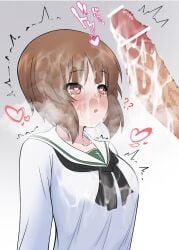 1boy arararajru36 blush breasts brown_eyes brown_hair bukkake censored cum cum_on_clothes cum_on_face cum_on_hair ejaculation erection female girls_und_panzer heart-shaped_pupils large_breasts looking_at_penis nishizumi_miho ooarai_school_uniform open_mouth penis penis_awe sweat