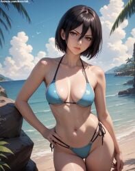 1girls 2d ai_generated ass athletic athletic_female attack_on_titan bare_shoulders belly big_breasts bikini black_eyes black_hair bob_cut curvy curvy_figure cute cute_face detailed eyelashes eyeshadow female female_only fit fit_female focus high_quality large_breasts legs light-skinned_female light_skin lips lipstick looking_at_viewer makeup mascara medium_breasts medium_hair midriff mikasa_ackerman nero100 outdoors pale-skinned_female pale_skin posing seductive seductive_look sexy_pose shingeki_no_kyojin short_hair six_pack stable_diffusion tagme thick_thighs thighshair_between_eyes