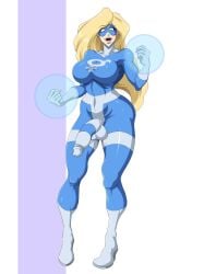 1futa athletic_futanari big_breasts big_penis blonde_hair bodysuit condom_suit eyemask flaccid_penis futa-woman futa_only futanari gloves halfro intersex large_breasts long_hair long_penis penis penis_outline pinup skin_tight superheroine toned_stomach