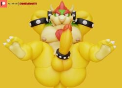 1boy abs anthro ass balls biceps boner bowser breasts camseven cock cock_ring dick evil feet glans hair hands_behind_head hands_behind_neck lying_on_back male male_only mario_(series) muscular naked nintendo nose_ring pecs penis posing_at_viewer scales shell_less spike_rings tail tit_piercings triceps yellow