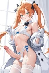 1boy ai_generated blush blushing_at_viewer bow bowtie coat coat_on_shoulders femboy ginger ginger_hair gloves green_eyes hair_ribbon huge_cock hung_trap latex_gloves lingerie panties stockings twintails white_gloves white_legwear white_panties white_skin